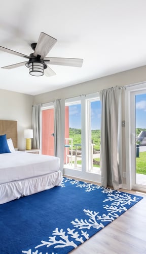 One-bedroom condo living room with blue coral rug and dune views