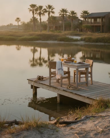 Wooden dock with dining table and chairs overlooking calm marsh water, palm trees and house in background