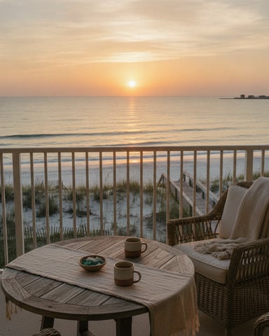 Beachfront balcony at sunrise with wicker chair, wooden table, coffee mugs, and ocean view with distant buildings