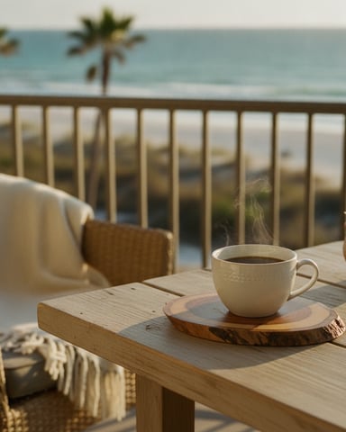 Wooden deck table with coffee cup overlooking ocean, palm trees, and metal railing