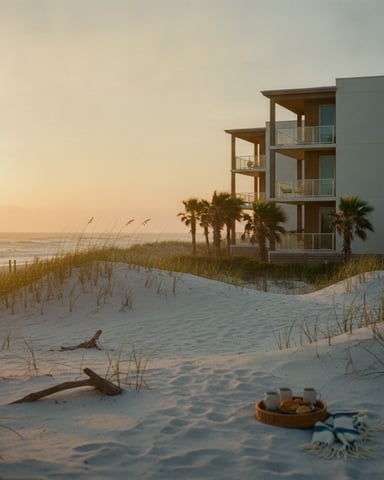 Modern beachfront house with tiered wooden decks overlooking sand dunes and ocean at sunset