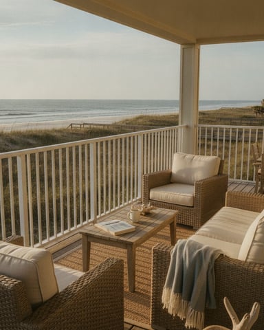Beachfront deck with wicker seating, wooden railing, and ocean view at sunset