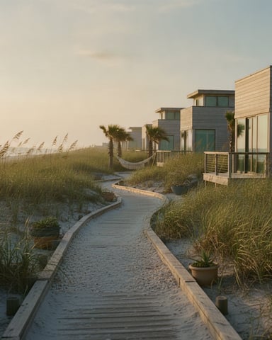 Modern beachfront homes with wooden boardwalk through dunes and sea grass, palm trees visible