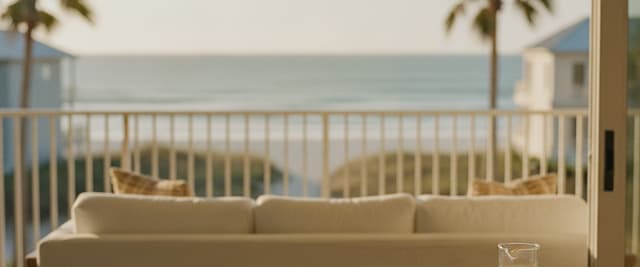 Wooden table with straw hats and refreshments overlooking ocean view from beachfront balcony