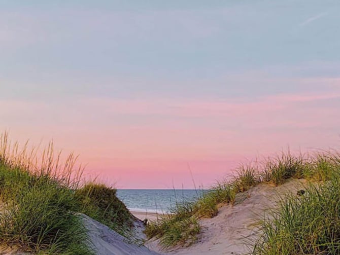 Sand dunes with beach grass overlooking ocean at sunset with pink sky